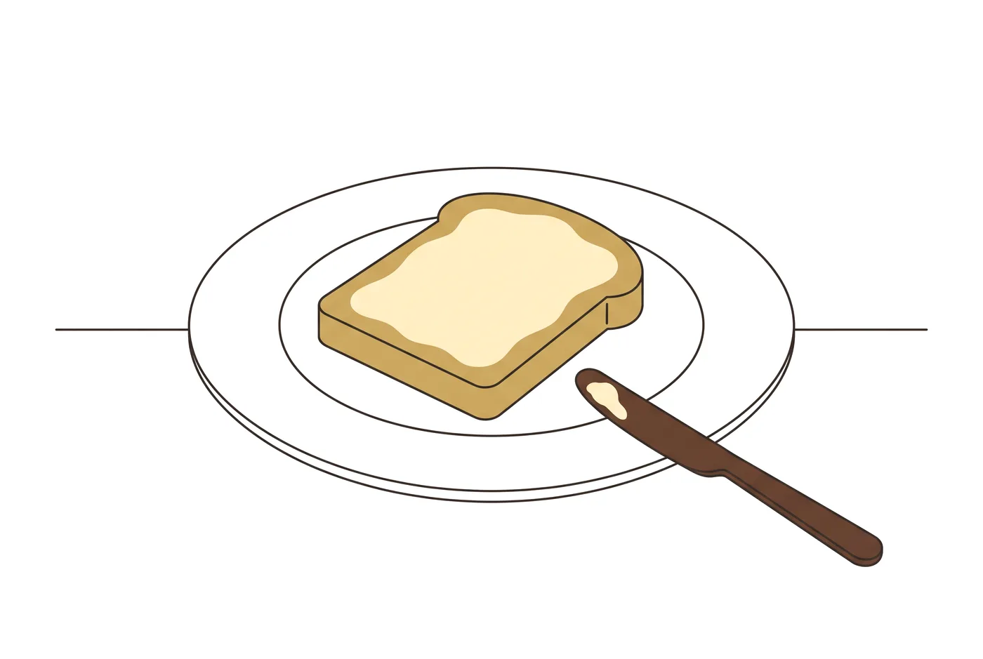 접시에 놓인 버터 바른 빵 한 조각과 버터 나이프