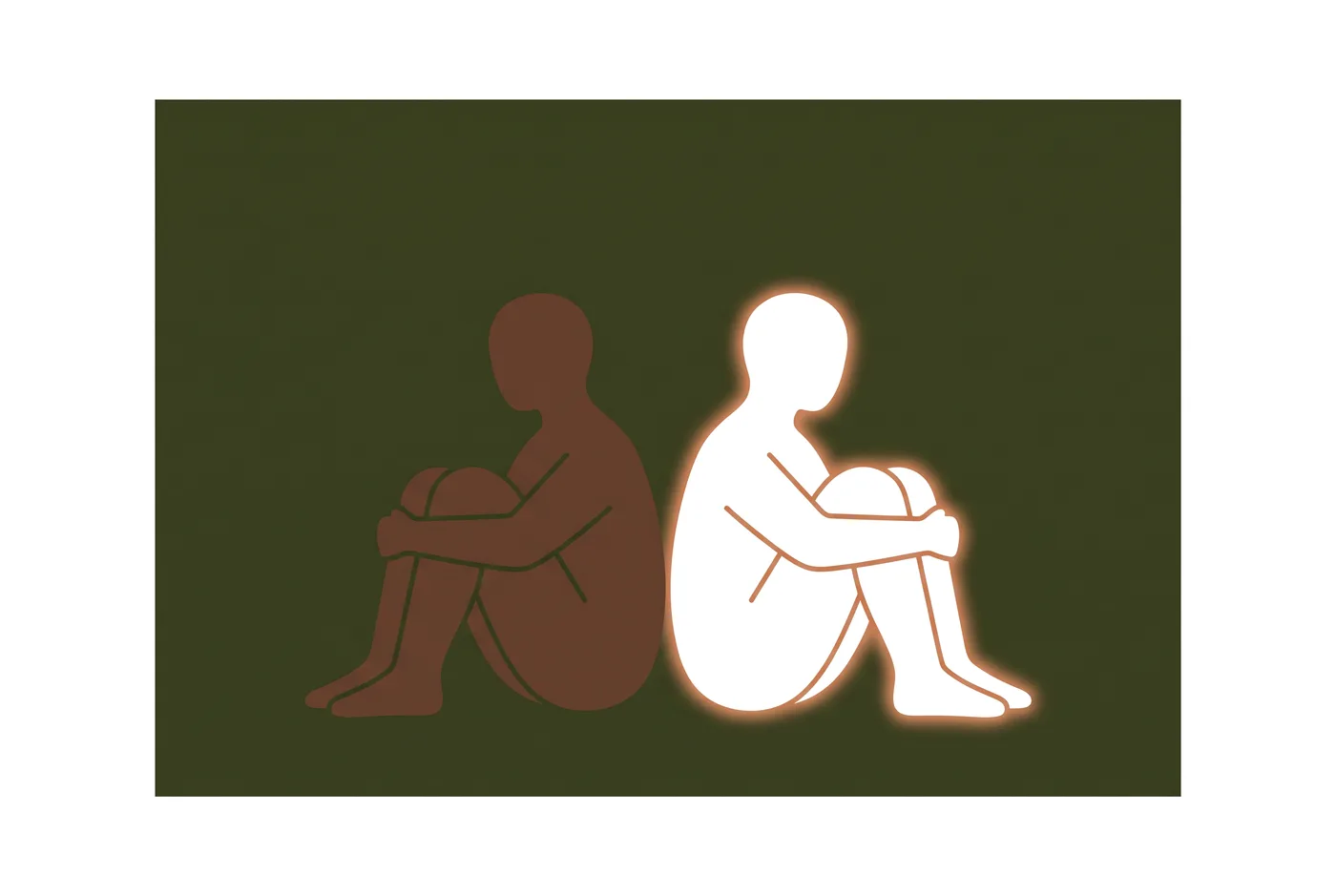어두운 방 안, 무릎을 안고 앉은 사람 곁에 똑같은 자세로 나란히 앉은 빛나는 형상. 방 바깥에는 아무도 없다
