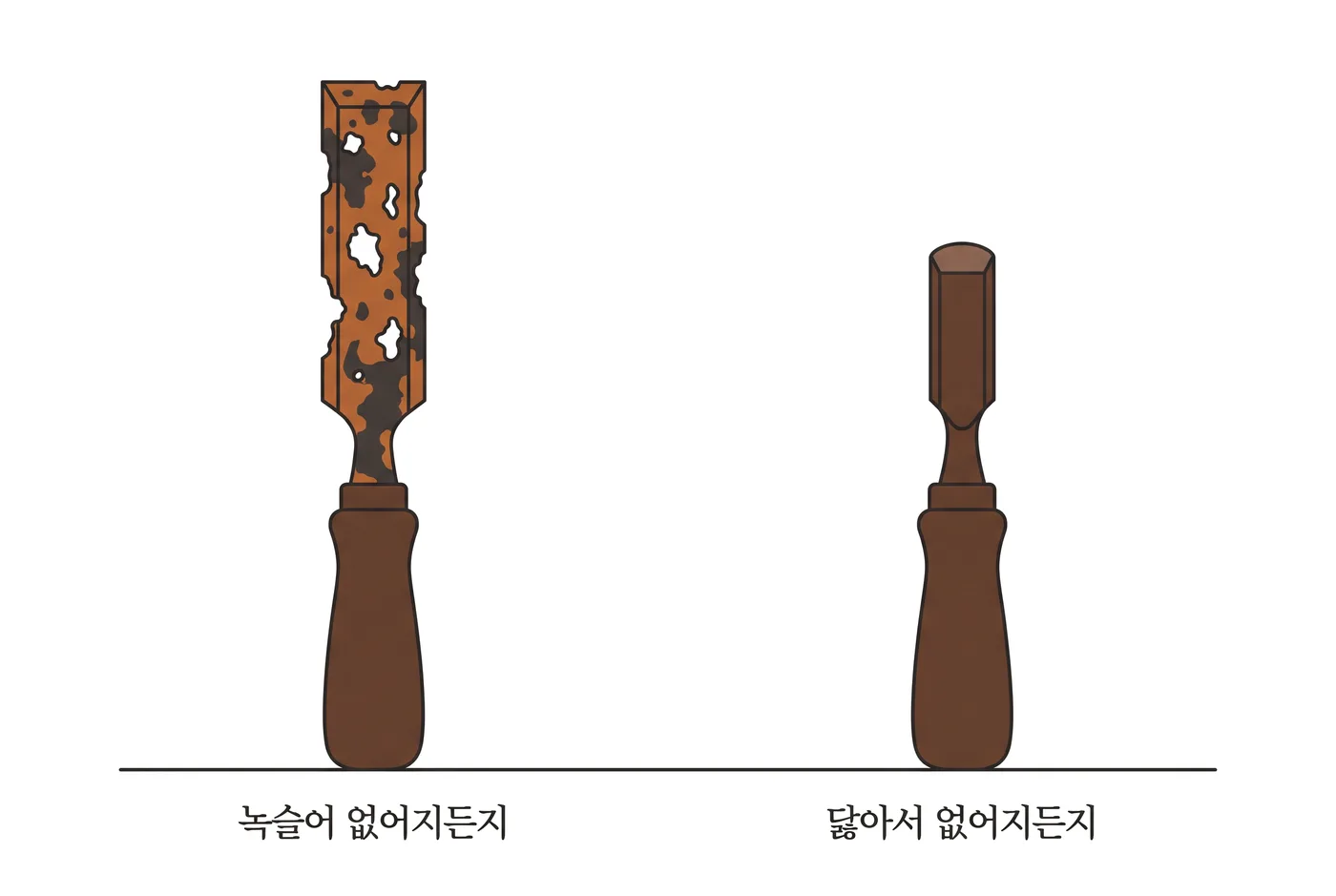같은 끌 두 자루 — 한쪽은 쓰이지 않아 날이 구멍 나도록 녹슬었고, 다른 쪽은 쓰여서 날이 뭉툭한 그루터기로 닳았다
